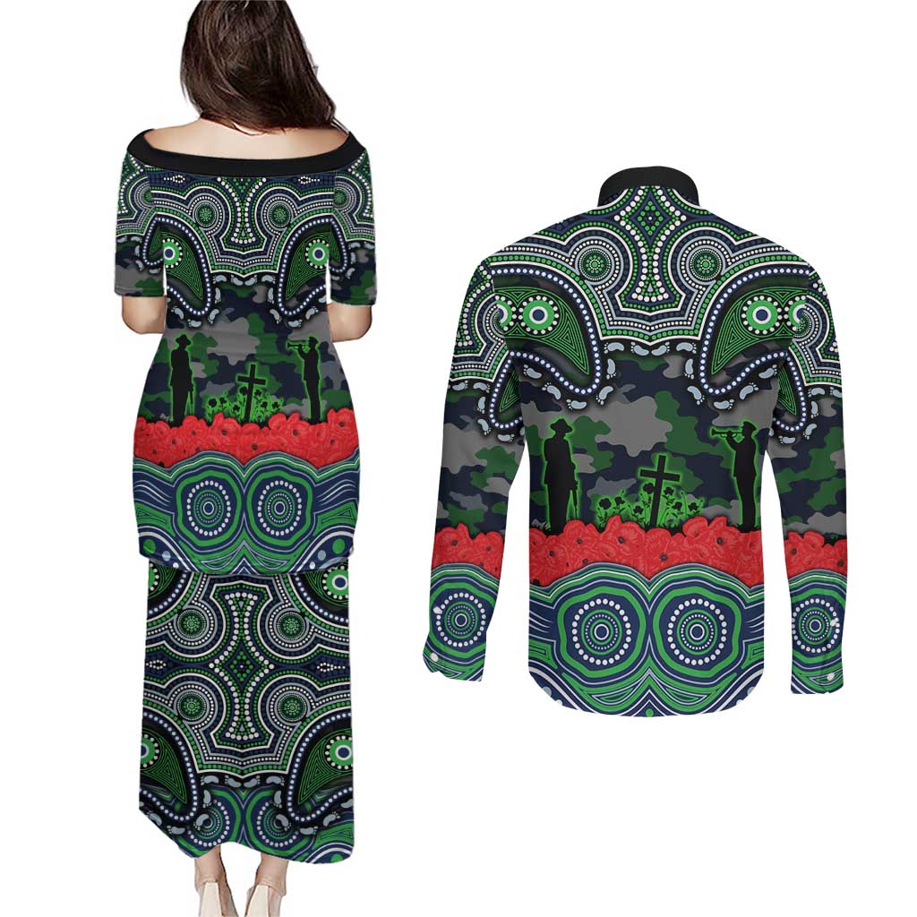 ANZAC Day Canberra Raiders Couples Matching Puletasi and Long Sleeve Button Shirt Military Memorial Aboriginal Indigenous Art