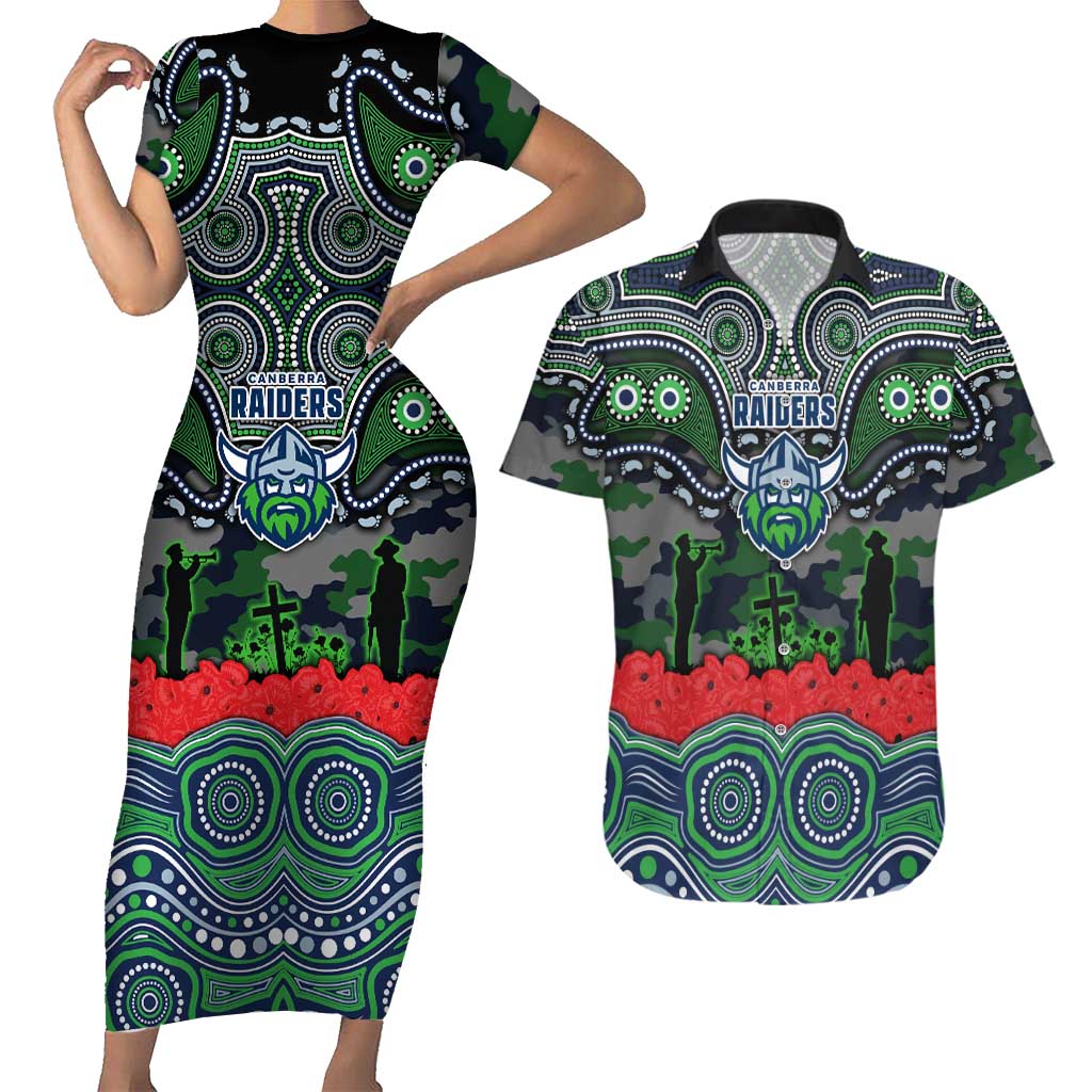 ANZAC Day Canberra Raiders Couples Matching Short Sleeve Bodycon Dress and Hawaiian Shirt Military Memorial Aboriginal Indigenous Art