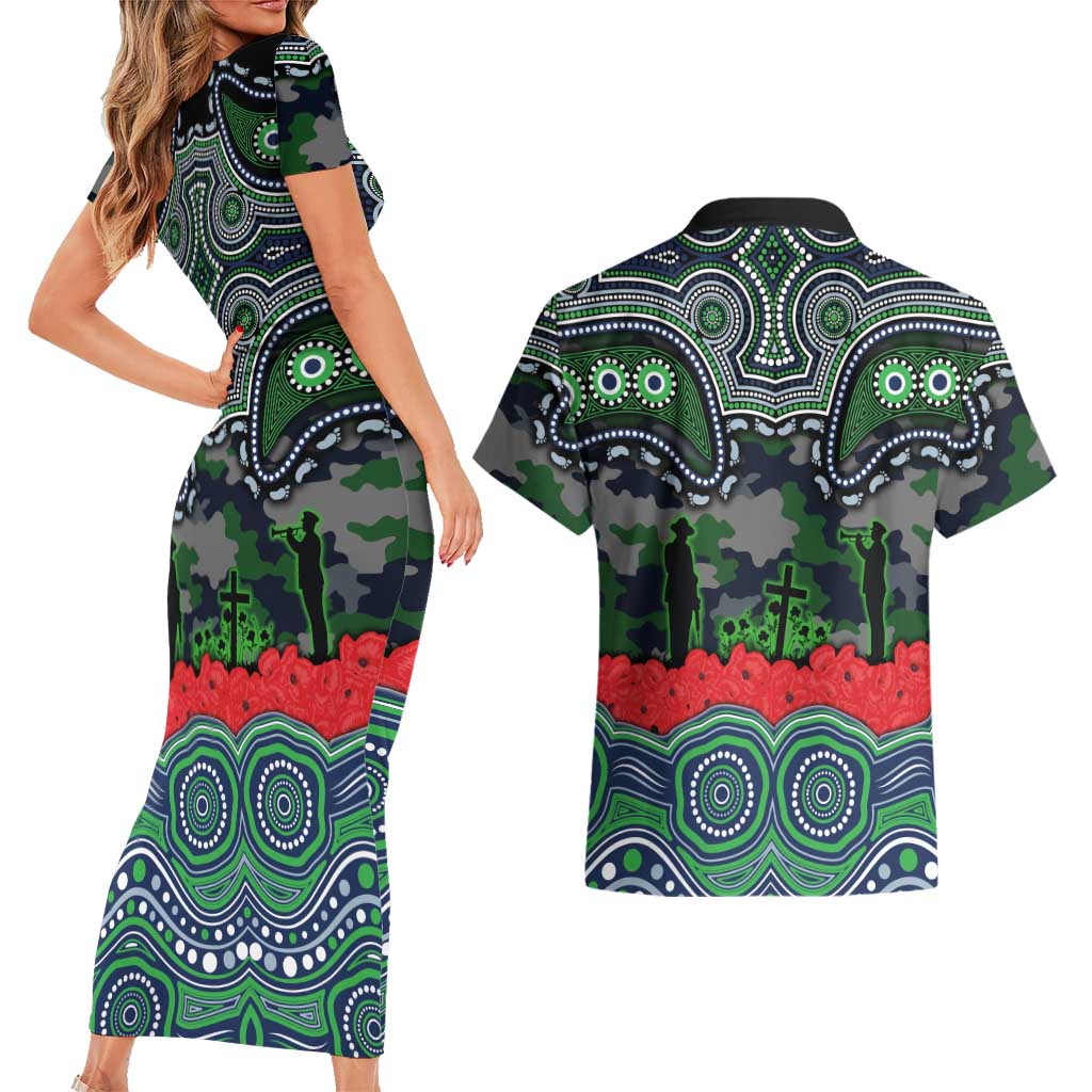 ANZAC Day Canberra Raiders Couples Matching Short Sleeve Bodycon Dress and Hawaiian Shirt Military Memorial Aboriginal Indigenous Art