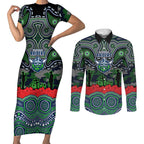 ANZAC Day Canberra Raiders Couples Matching Short Sleeve Bodycon Dress and Long Sleeve Button Shirt Military Memorial Aboriginal Indigenous Art