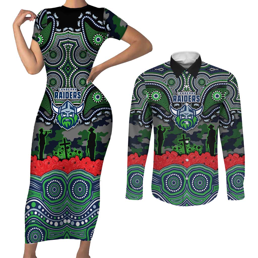 ANZAC Day Canberra Raiders Couples Matching Short Sleeve Bodycon Dress and Long Sleeve Button Shirt Military Memorial Aboriginal Indigenous Art