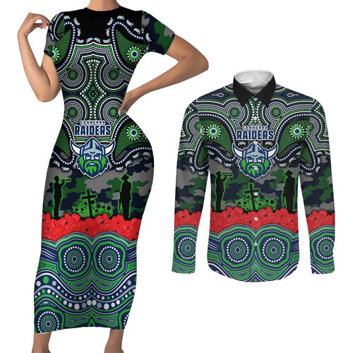 ANZAC Day Canberra Raiders Couples Matching Short Sleeve Bodycon Dress and Long Sleeve Button Shirt Military Memorial Aboriginal Indigenous Art