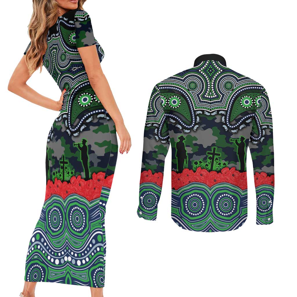 ANZAC Day Canberra Raiders Couples Matching Short Sleeve Bodycon Dress and Long Sleeve Button Shirt Military Memorial Aboriginal Indigenous Art