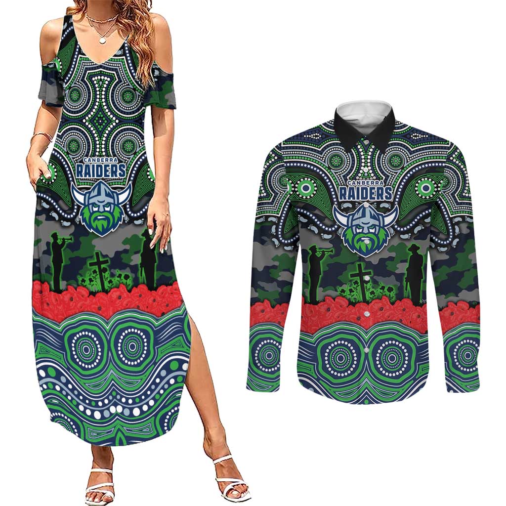 ANZAC Day Canberra Raiders Couples Matching Summer Maxi Dress and Long Sleeve Button Shirt Military Memorial Aboriginal Indigenous Art