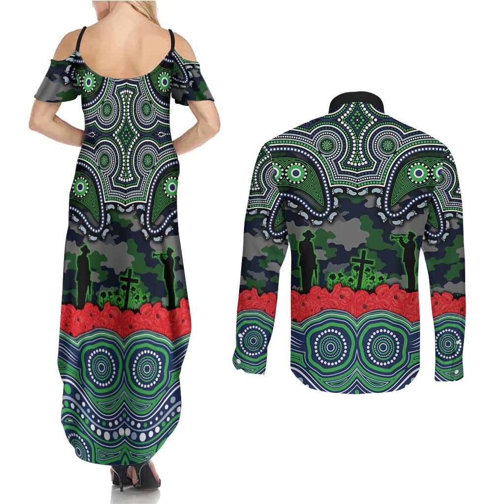 ANZAC Day Canberra Raiders Couples Matching Summer Maxi Dress and Long Sleeve Button Shirt Military Memorial Aboriginal Indigenous Art