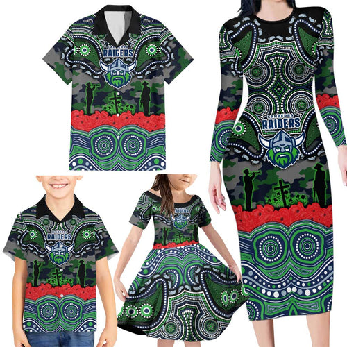 ANZAC Day Canberra Raiders Family Matching Long Sleeve Bodycon Dress and Hawaiian Shirt Military Memorial Aboriginal Indigenous Art