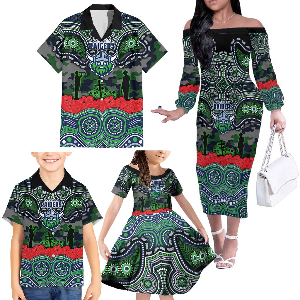 ANZAC Day Canberra Raiders Family Matching Off The Shoulder Long Sleeve Dress and Hawaiian Shirt Military Memorial Aboriginal Indigenous Art