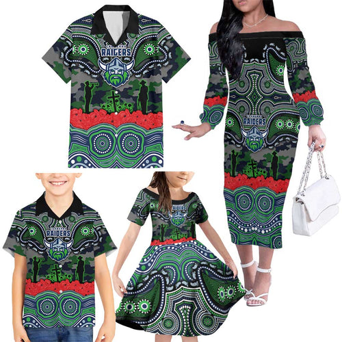 ANZAC Day Canberra Raiders Family Matching Off The Shoulder Long Sleeve Dress and Hawaiian Shirt Military Memorial Aboriginal Indigenous Art