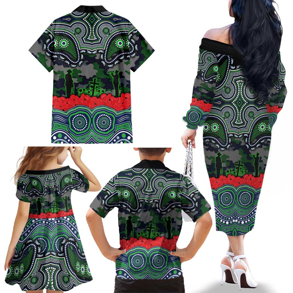ANZAC Day Canberra Raiders Family Matching Off The Shoulder Long Sleeve Dress and Hawaiian Shirt Military Memorial Aboriginal Indigenous Art