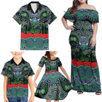 ANZAC Day Canberra Raiders Family Matching Off Shoulder Maxi Dress and Hawaiian Shirt Military Memorial Aboriginal Indigenous Art