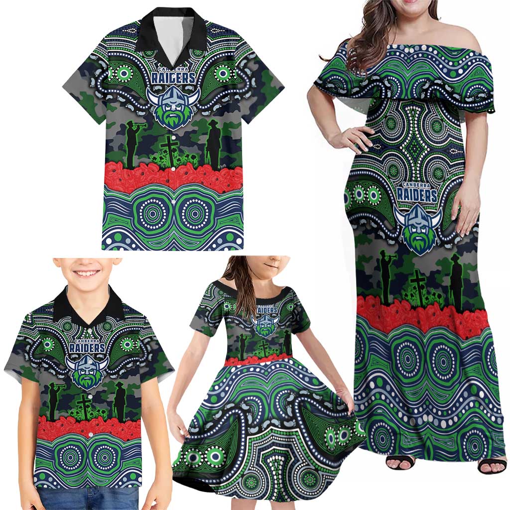 ANZAC Day Canberra Raiders Family Matching Off Shoulder Maxi Dress and Hawaiian Shirt Military Memorial Aboriginal Indigenous Art