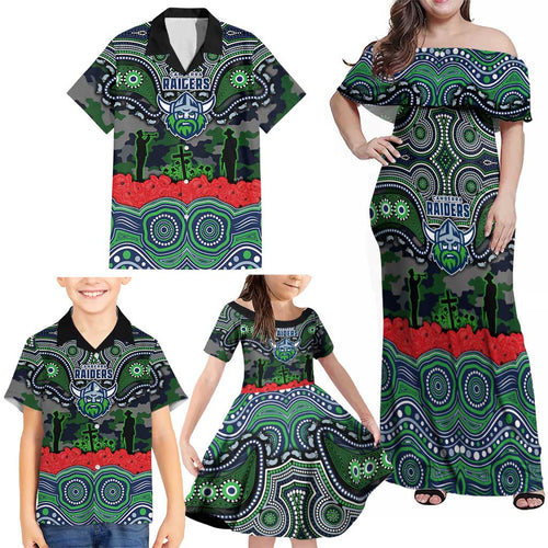 ANZAC Day Canberra Raiders Family Matching Off Shoulder Maxi Dress and Hawaiian Shirt Military Memorial Aboriginal Indigenous Art