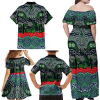 ANZAC Day Canberra Raiders Family Matching Off Shoulder Maxi Dress and Hawaiian Shirt Military Memorial Aboriginal Indigenous Art