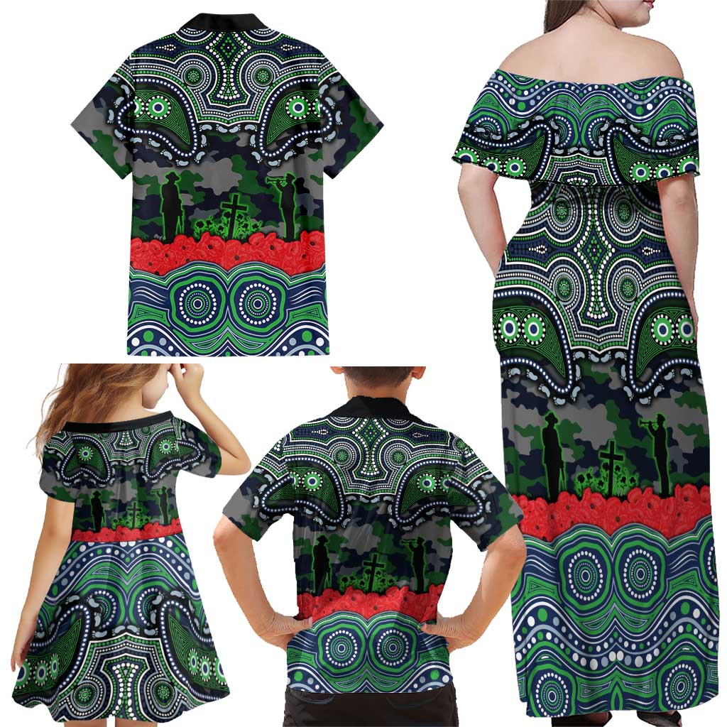 ANZAC Day Canberra Raiders Family Matching Off Shoulder Maxi Dress and Hawaiian Shirt Military Memorial Aboriginal Indigenous Art