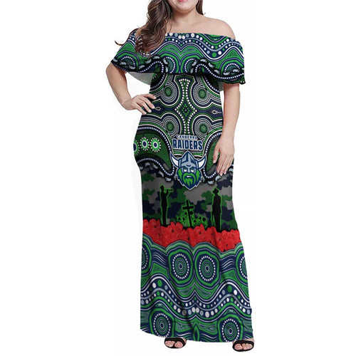 ANZAC Day Canberra Raiders Family Matching Off Shoulder Maxi Dress and Hawaiian Shirt Military Memorial Aboriginal Indigenous Art