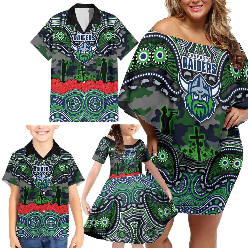 ANZAC Day Canberra Raiders Family Matching Off Shoulder Short Dress and Hawaiian Shirt Military Memorial Aboriginal Indigenous Art