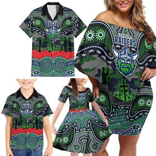 ANZAC Day Canberra Raiders Family Matching Off Shoulder Short Dress and Hawaiian Shirt Military Memorial Aboriginal Indigenous Art