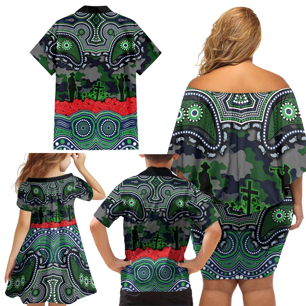 ANZAC Day Canberra Raiders Family Matching Off Shoulder Short Dress and Hawaiian Shirt Military Memorial Aboriginal Indigenous Art