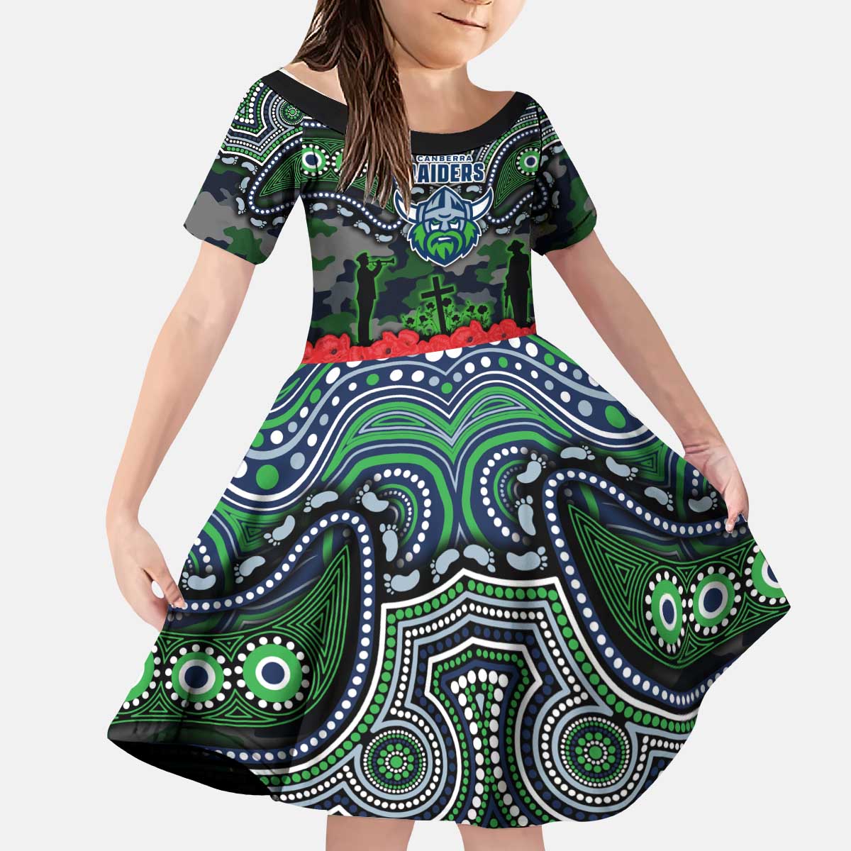 ANZAC Day Canberra Raiders Kid Short Sleeve Dress Military Memorial Aboriginal Indigenous Art