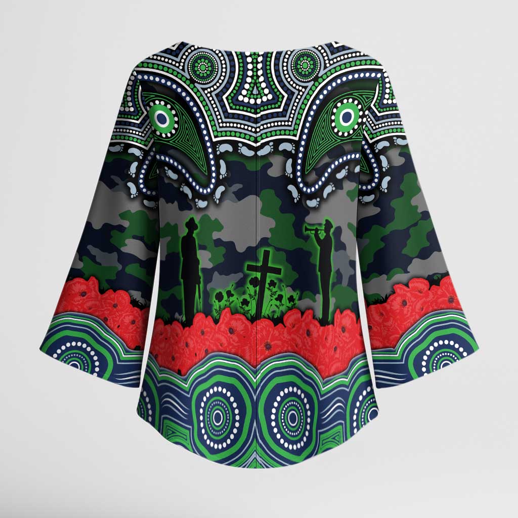 ANZAC Day Canberra Raiders Kimono Sleeve Blouse Military Memorial Aboriginal Indigenous Art