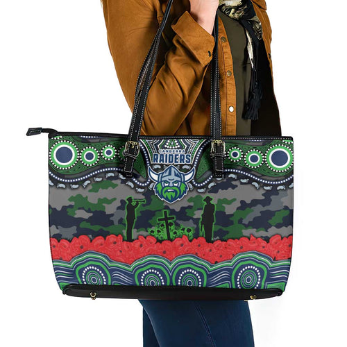ANZAC Day Canberra Raiders Leather Tote Bag Military Memorial Aboriginal Indigenous Art