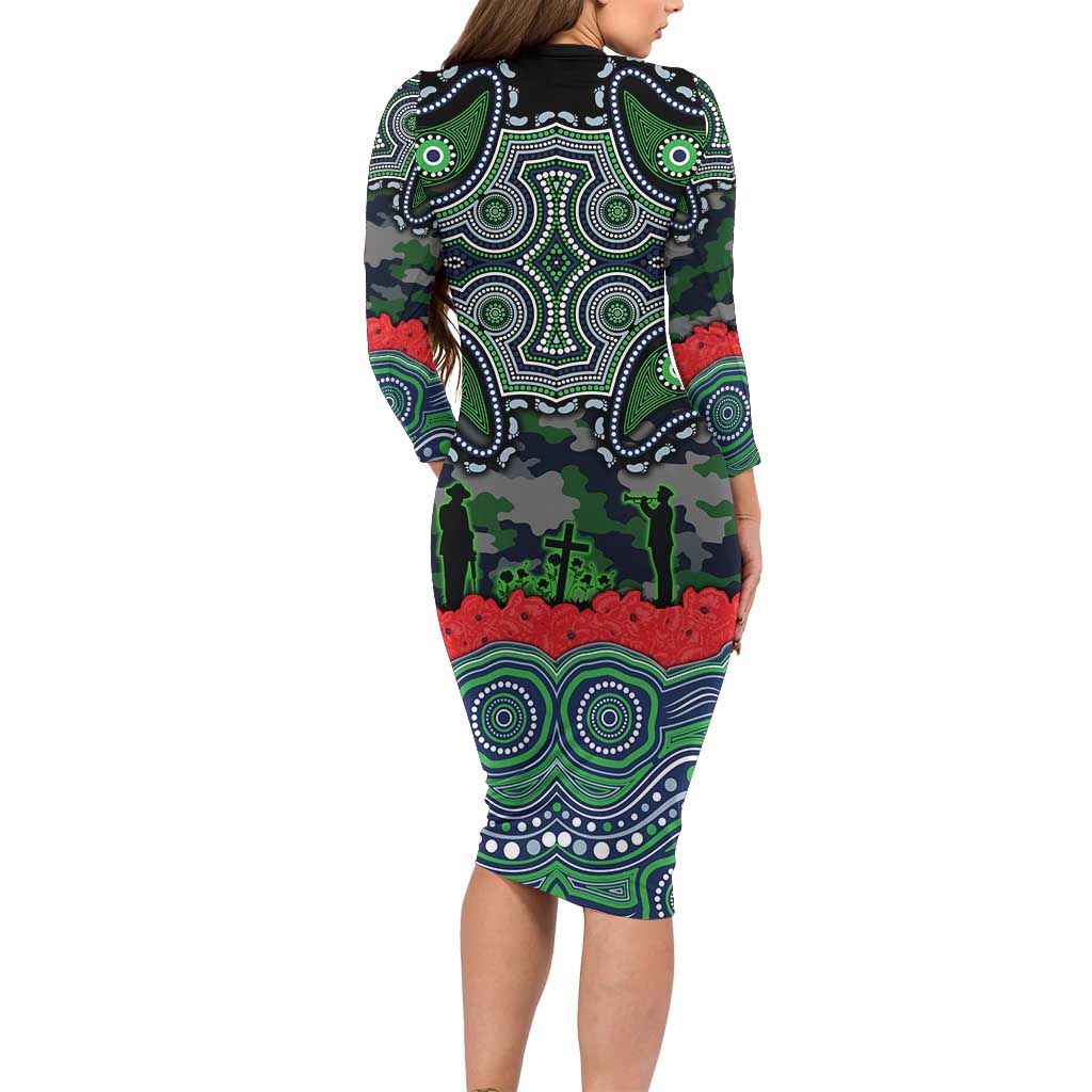 ANZAC Day Canberra Raiders Long Sleeve Bodycon Dress Military Memorial Aboriginal Indigenous Art