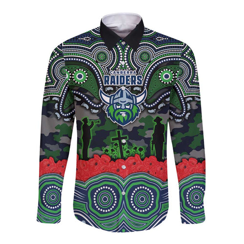 ANZAC Day Canberra Raiders Long Sleeve Button Shirt Military Memorial Aboriginal Indigenous Art