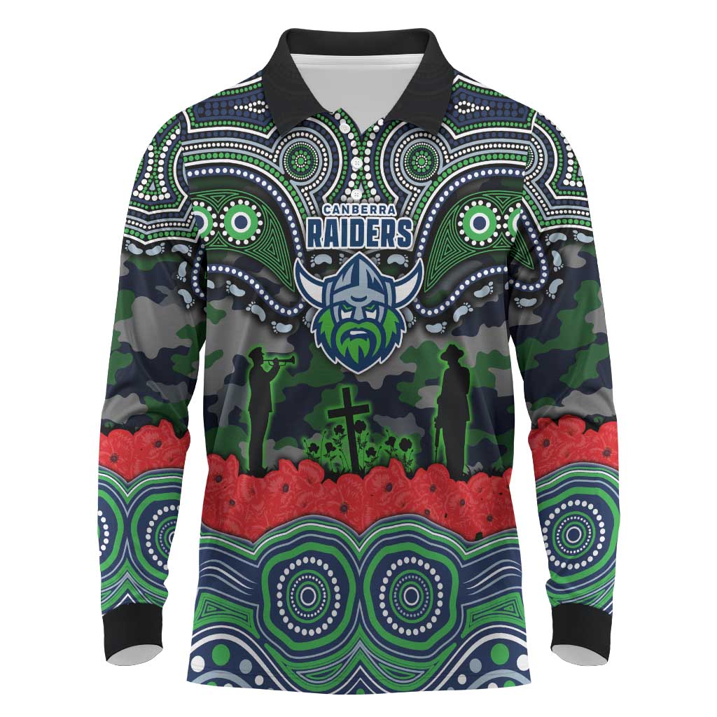 ANZAC Day Canberra Raiders Long Sleeve Polo Shirt Military Memorial Aboriginal Indigenous Art