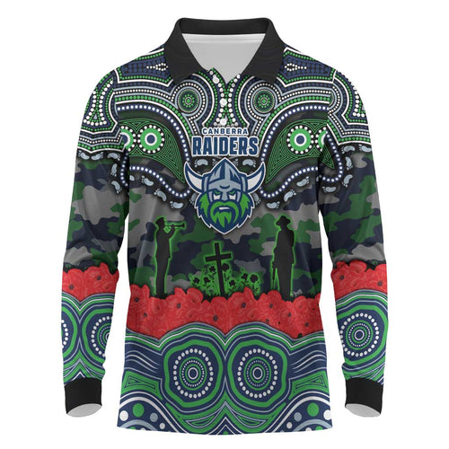 ANZAC Day Canberra Raiders Long Sleeve Polo Shirt Military Memorial Aboriginal Indigenous Art