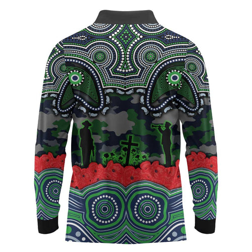 ANZAC Day Canberra Raiders Long Sleeve Polo Shirt Military Memorial Aboriginal Indigenous Art