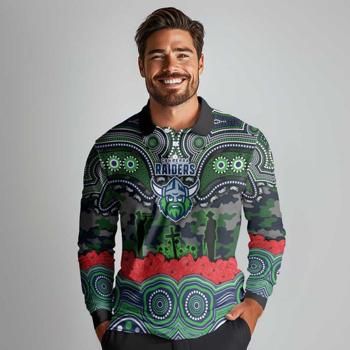 ANZAC Day Canberra Raiders Long Sleeve Polo Shirt Military Memorial Aboriginal Indigenous Art