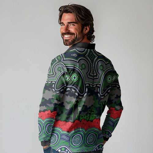 ANZAC Day Canberra Raiders Long Sleeve Polo Shirt Military Memorial Aboriginal Indigenous Art