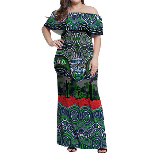 ANZAC Day Canberra Raiders Off Shoulder Maxi Dress Military Memorial Aboriginal Indigenous Art