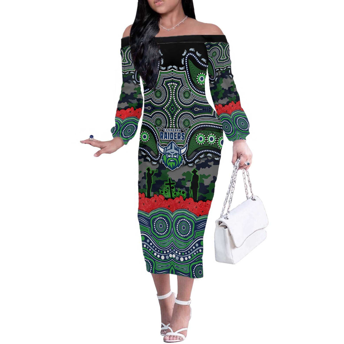 ANZAC Day Canberra Raiders Off The Shoulder Long Sleeve Dress Military Memorial Aboriginal Indigenous Art