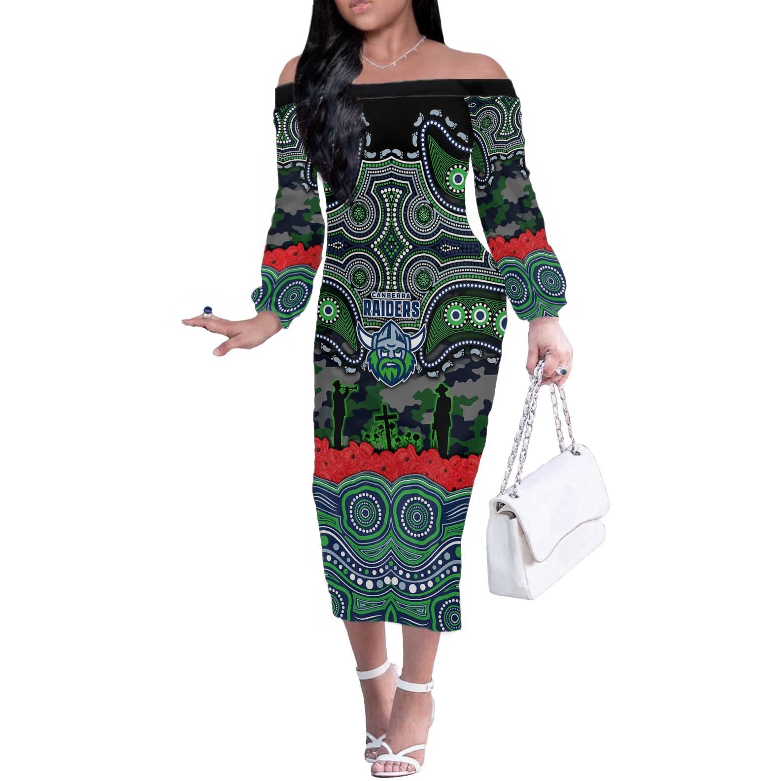 ANZAC Day Canberra Raiders Off The Shoulder Long Sleeve Dress Military Memorial Aboriginal Indigenous Art