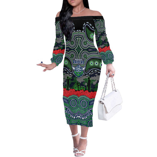ANZAC Day Canberra Raiders Off The Shoulder Long Sleeve Dress Military Memorial Aboriginal Indigenous Art