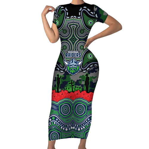 ANZAC Day Canberra Raiders Short Sleeve Bodycon Dress Military Memorial Aboriginal Indigenous Art