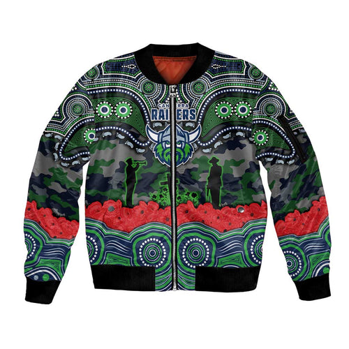 ANZAC Day Canberra Raiders Sleeve Zip Bomber Jacket Military Memorial Aboriginal Indigenous Art