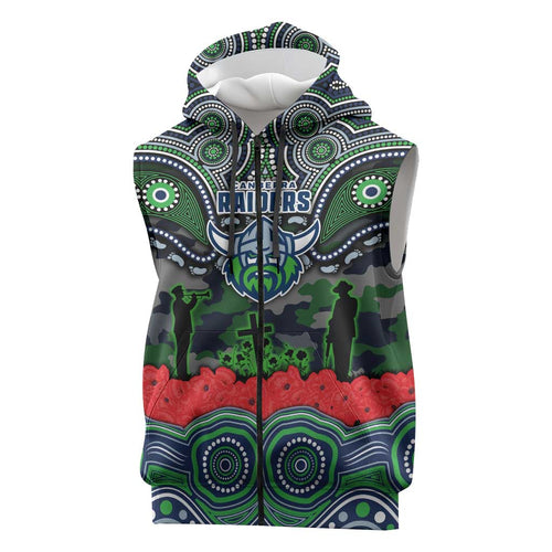 ANZAC Day Canberra Raiders Sleeveless Zip Hoodie Military Memorial Aboriginal Indigenous Art
