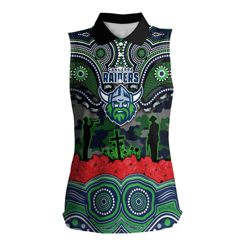 ANZAC Day Canberra Raiders Women Sleeveless Polo Shirt Military Memorial Aboriginal Indigenous Art