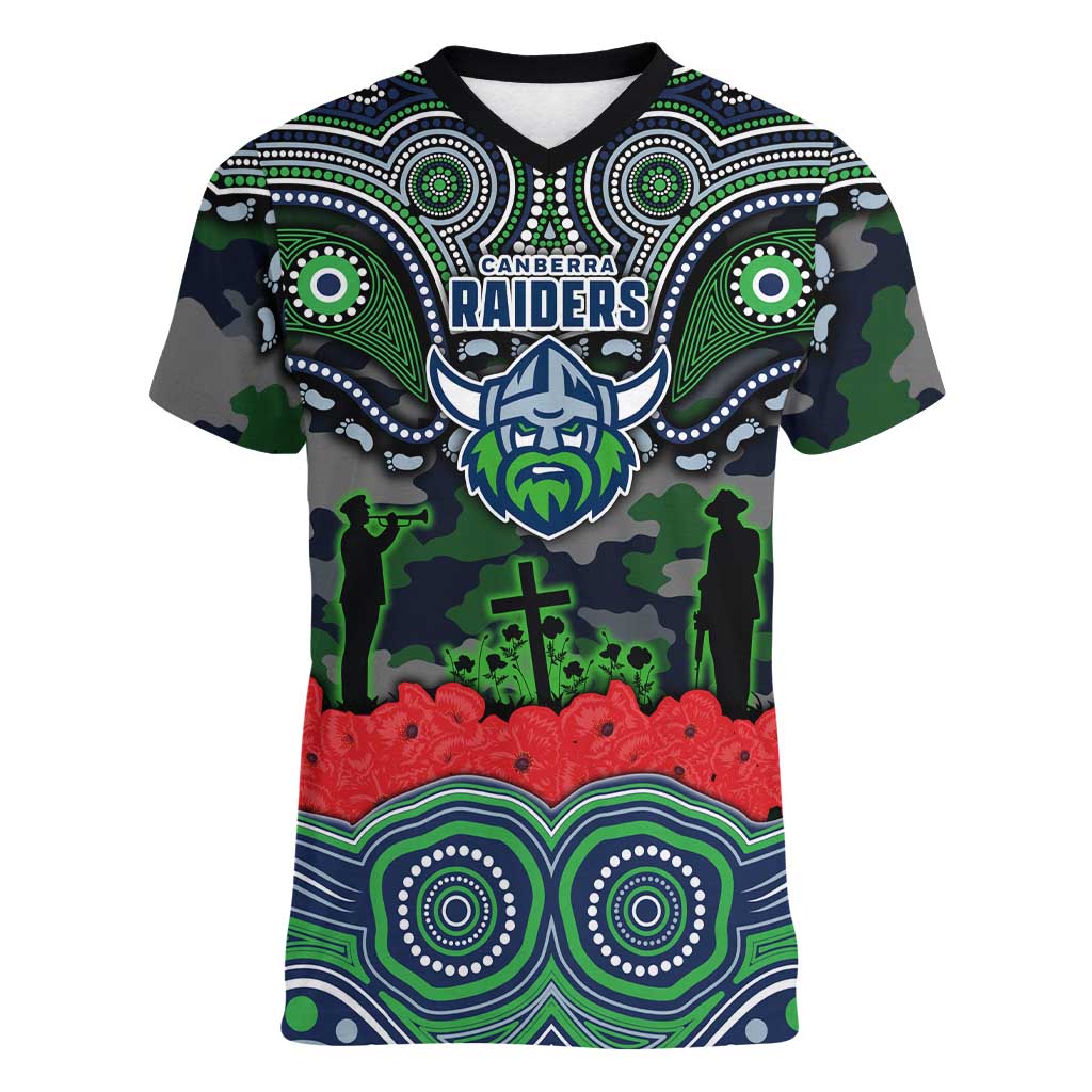 ANZAC Day Canberra Raiders Women V-Neck T-Shirt Military Memorial Aboriginal Indigenous Art