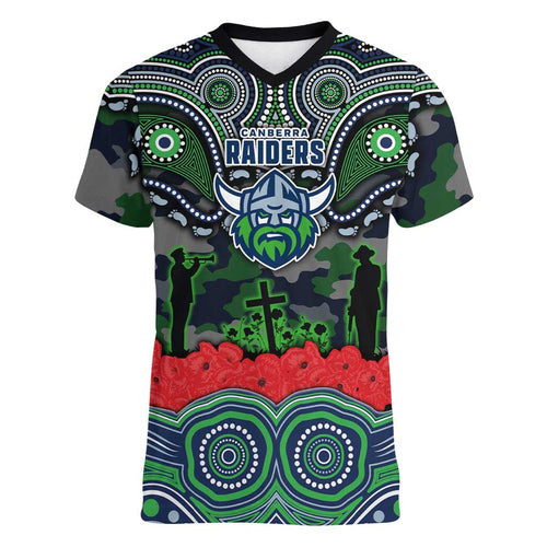 ANZAC Day Canberra Raiders Women V-Neck T-Shirt Military Memorial Aboriginal Indigenous Art