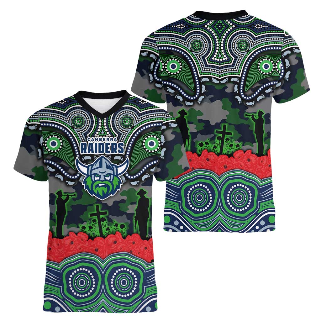 ANZAC Day Canberra Raiders Women V-Neck T-Shirt Military Memorial Aboriginal Indigenous Art