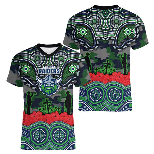ANZAC Day Canberra Raiders Women V-Neck T-Shirt Military Memorial Aboriginal Indigenous Art