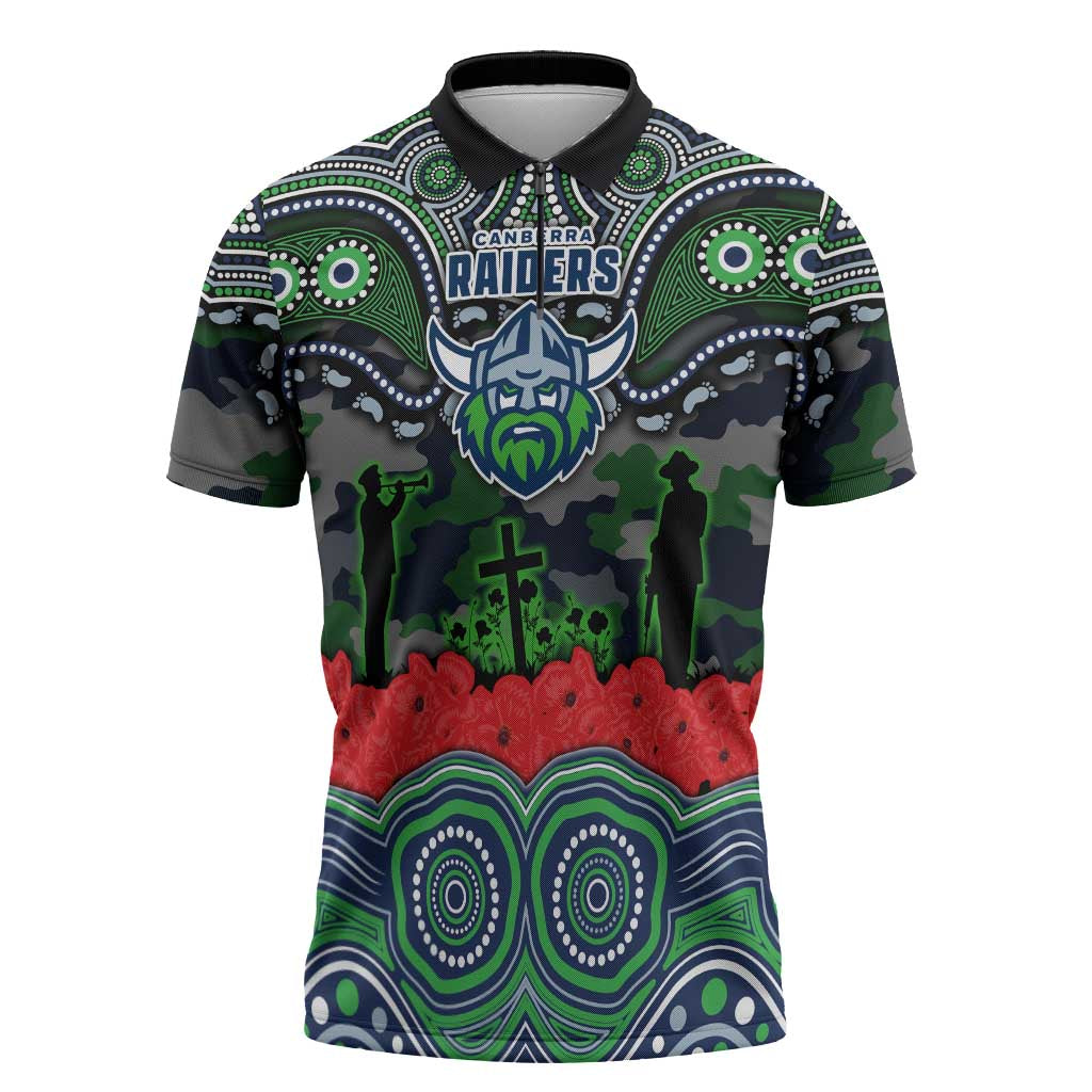 ANZAC Day Canberra Raiders Zipper Polo Shirt Military Memorial Aboriginal Indigenous Art