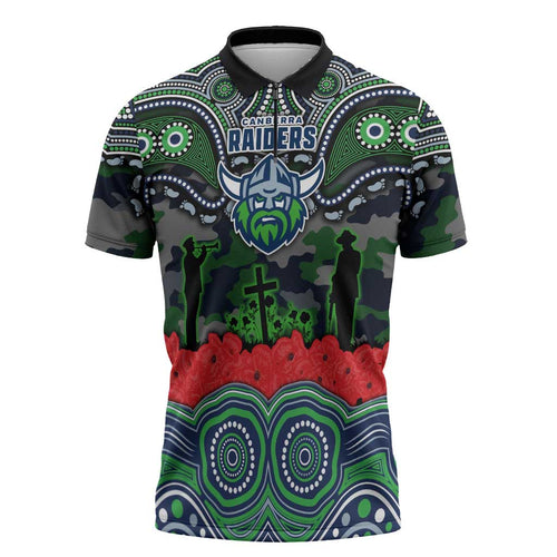 ANZAC Day Canberra Raiders Zipper Polo Shirt Military Memorial Aboriginal Indigenous Art