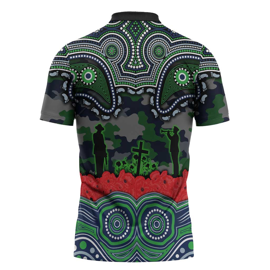 ANZAC Day Canberra Raiders Zipper Polo Shirt Military Memorial Aboriginal Indigenous Art
