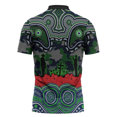 ANZAC Day Canberra Raiders Zipper Polo Shirt Military Memorial Aboriginal Indigenous Art
