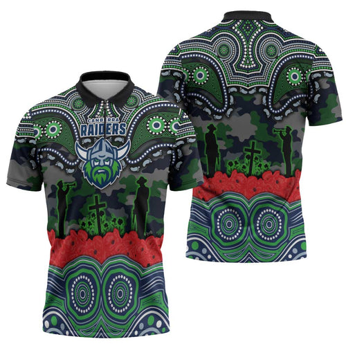 ANZAC Day Canberra Raiders Zipper Polo Shirt Military Memorial Aboriginal Indigenous Art