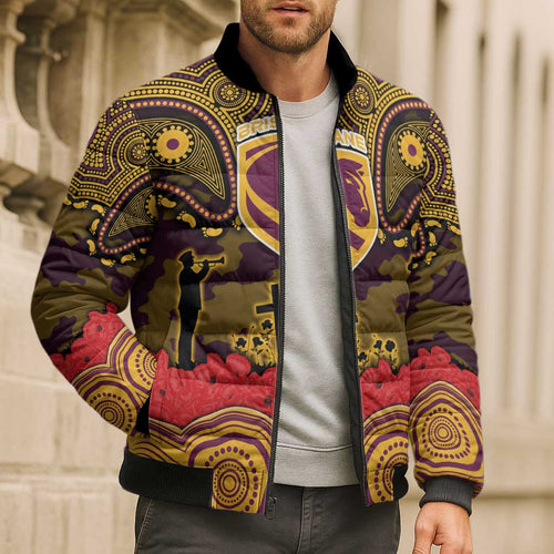 ANZAC Day Brisbane Broncos Bomber Puffer Jacket Military Memorial Aboriginal Indigenous Art